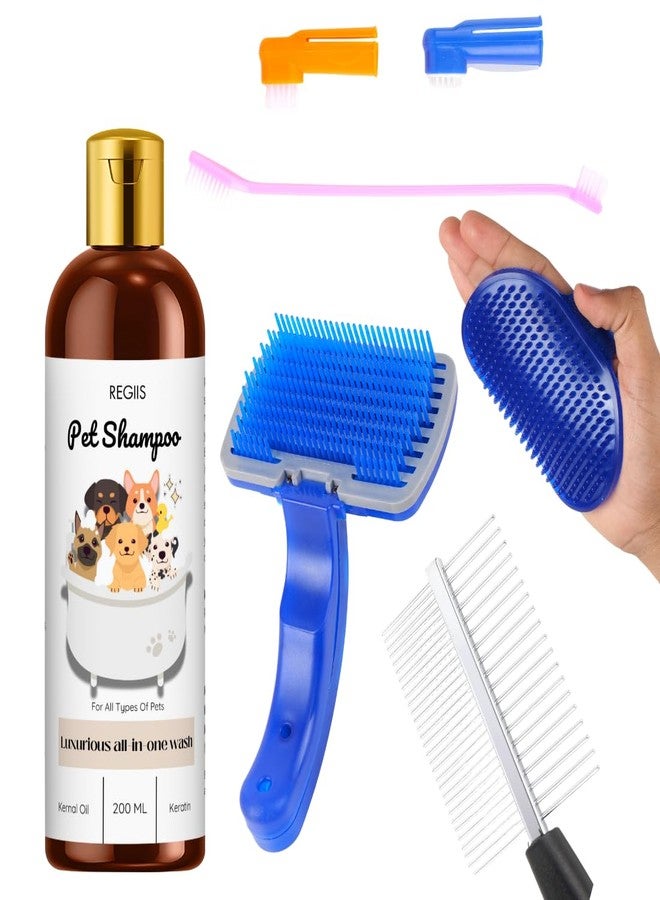 REGIIS Pet Grooming Set with Dog Shampoo 200ml, Self-Cleaning Brush, All-in-One Wash Kit for Dogs and Cats(Pack of 5) - Image 1